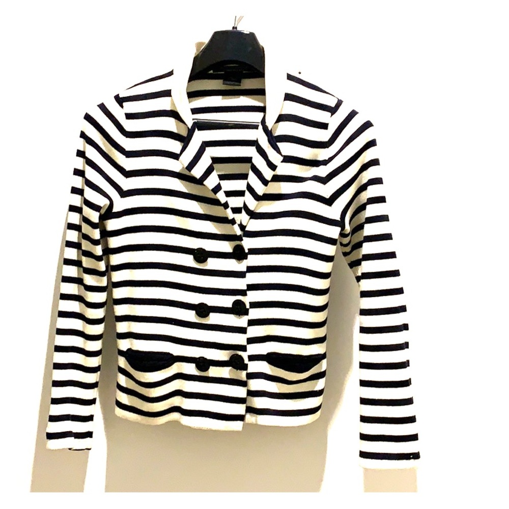 Navy/cream stripe cardigan blazer like